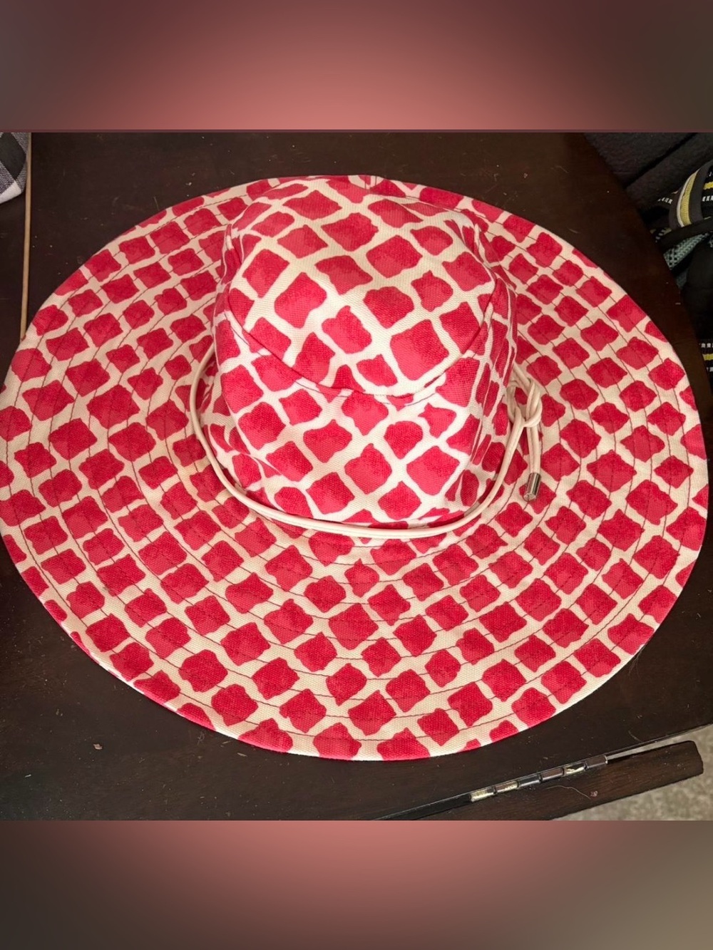 Coach Wide-Brim Sun Hat in Pink and White Geometric Print